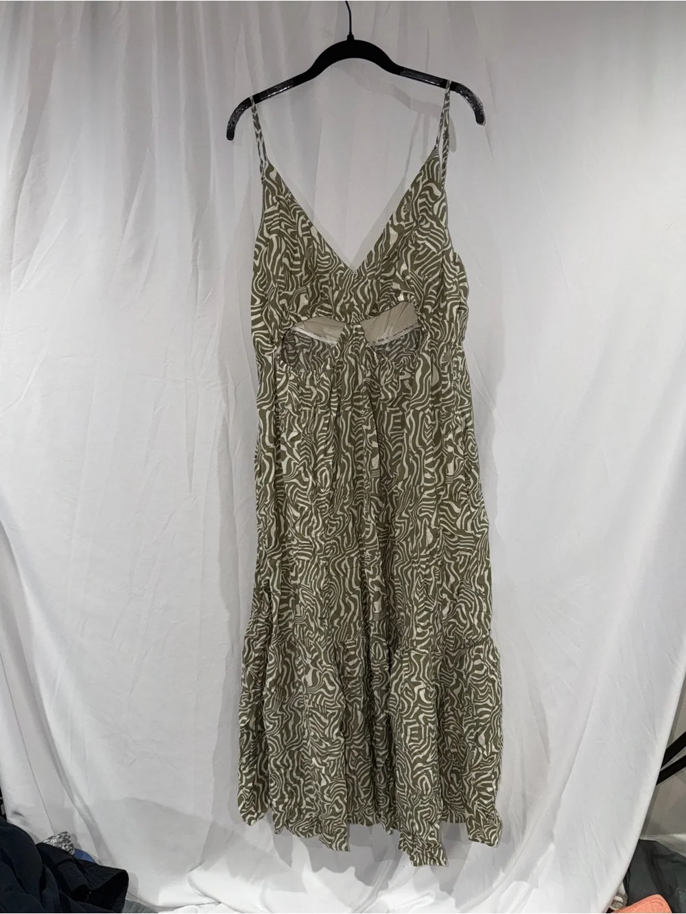 Abercrombie & Fitch Dress Maxi Olive Patterned Spaghetti Strap Cut Out XXL